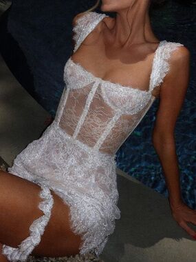 Custom Undone by Kate Dress Sheer Lace Chemise with Floral Embroidery - Ivory